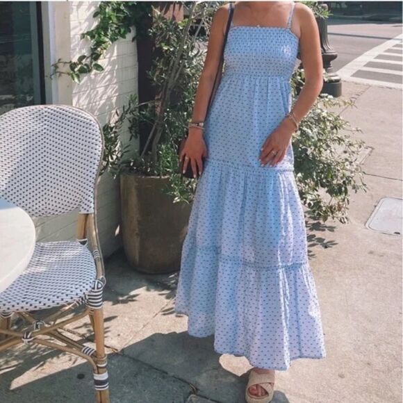 SIM & SAM Blue Strapless Smocked Tiered CottonPolka Dot Poms Maxi Dress - Picture 1 of 7